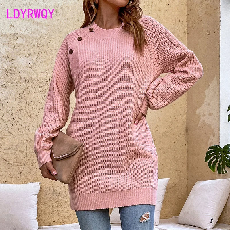 

Solid Button Knitted Dress for Women 2023 Autumn/Winter New Lantern Sleeve Sweater for Women