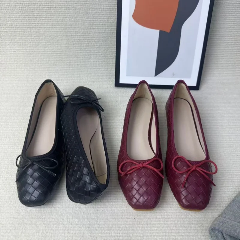 

Black Women Square Toe Flat Shoes Elegant Bow Woven Leather Soft Sole Casual Slip On Comfortable Daily Wear Ballet Flats