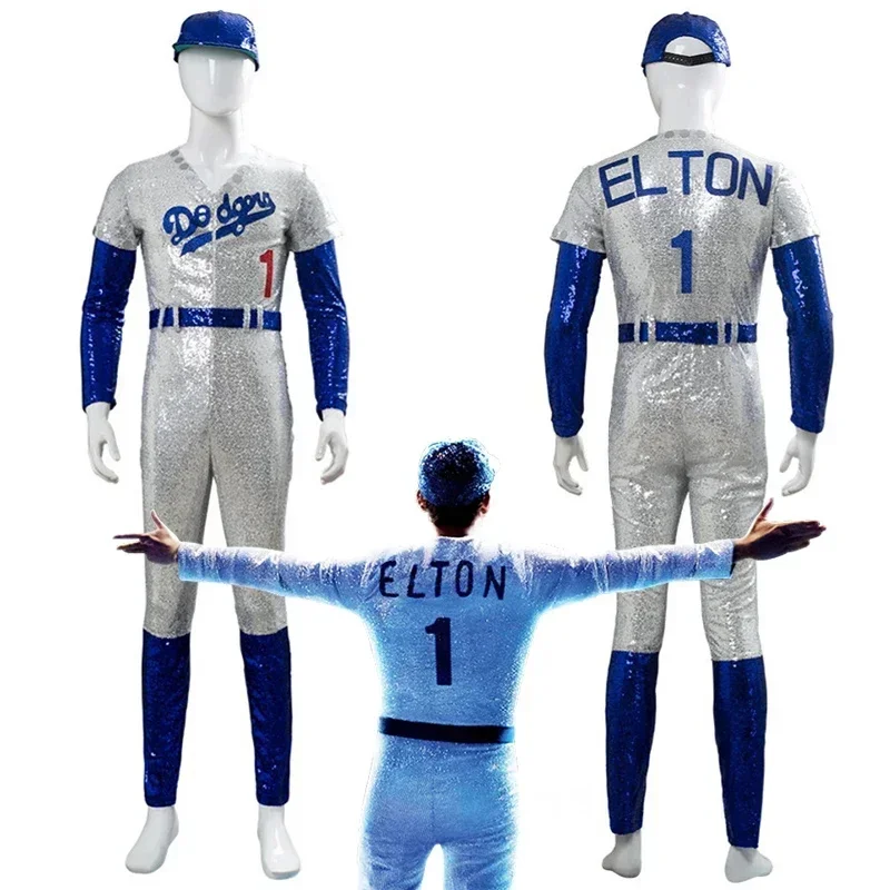 Rocketman Elton John Dodgers Cosplay Costume Baseball Uniform Jumpsuit Hat Halloween Party Costumes Outfit for Women Men