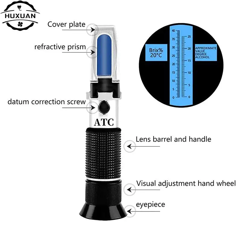 Handheld Refractometer Sugar Concentration Meter Densimeter 0-25% Alcohol 0-40% Brix Saccharimeter Sugar Tester Fruit Grapes ATC