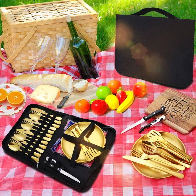 Outdoor Portable Picnic Camping Cutlery Hotel Portable Fork Knife Spoon Food Grade Tableware Cutlery Flatware Set With Case