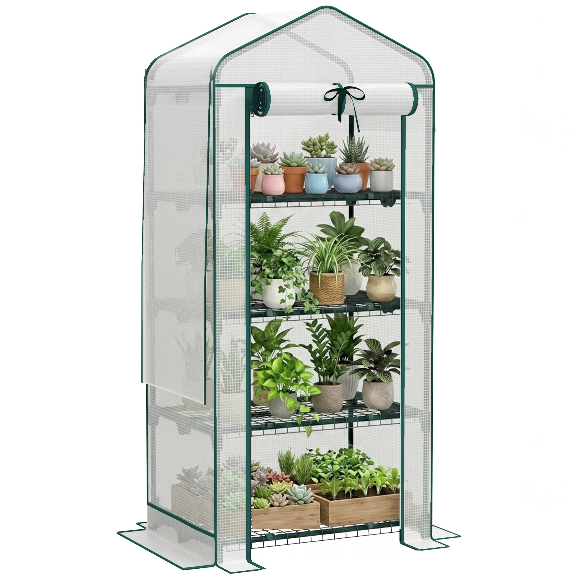 

Mini Greenhouse with Screen Roof, 4 Tier Portable Small Greenhouse with High Strength Pe Cover, White