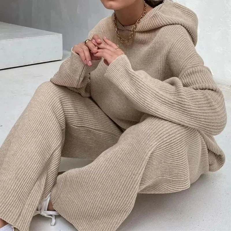 Autumn Two Piece Set Tracksuit Lounge Wear Outfits Suits Women Hooded Pullover Wide Leg Pants Knitted Sweat Suit