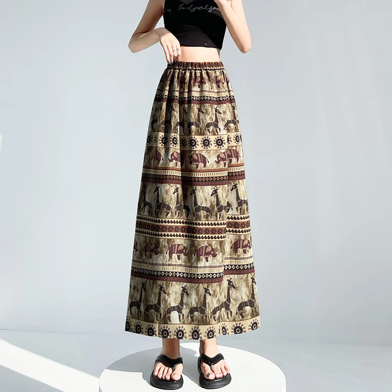 

Summer Casual Elastic High Waist Print Vintage Skirt Women Chic New Basics Harajuku Streetwear Ladies Clothing Split Long Skirts