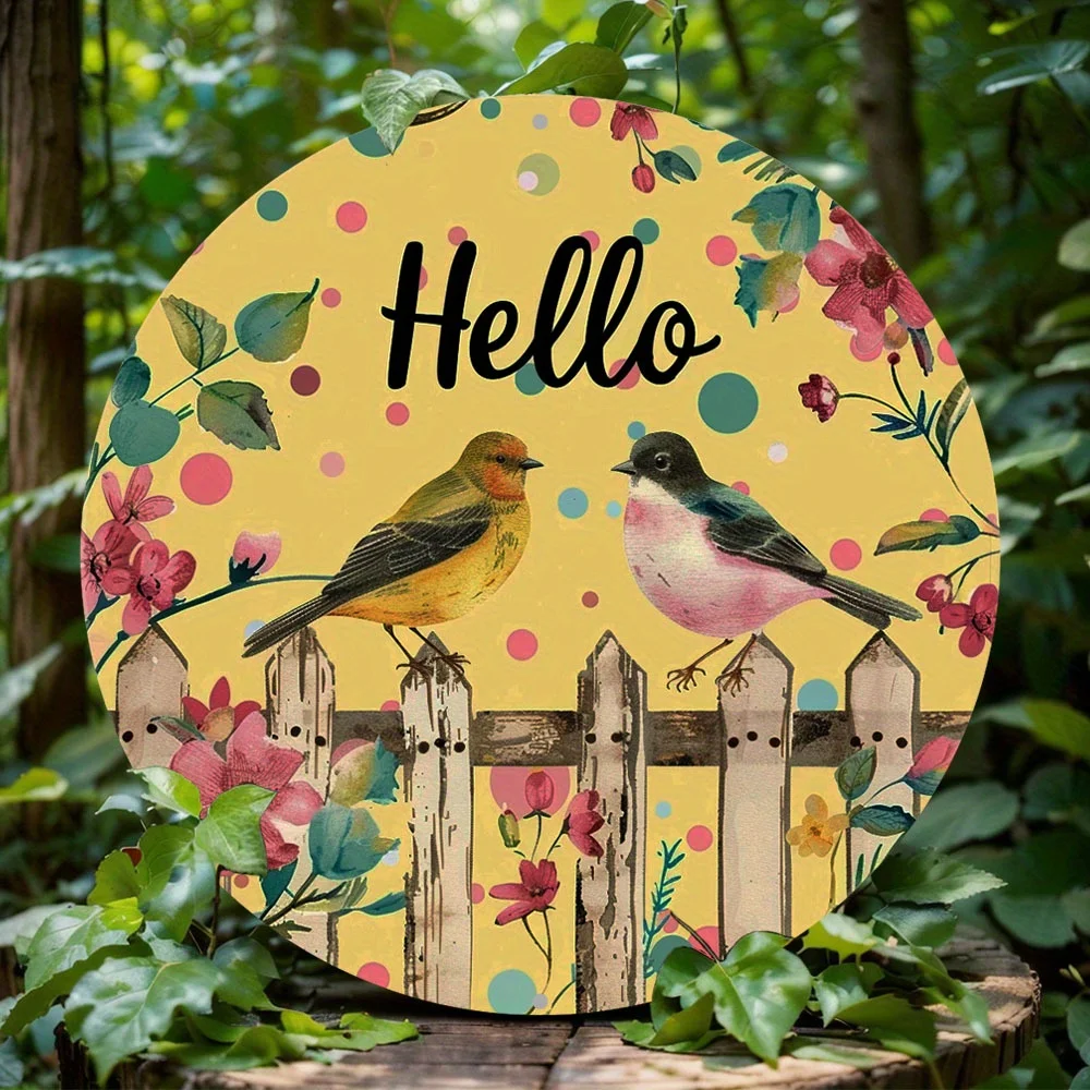 Birds On Fence Hello Themed Wreath Sign, Round Metal Decor Sign, For Home, Cafe, Apartmen, Living Wall Decoration, Holiday Gift