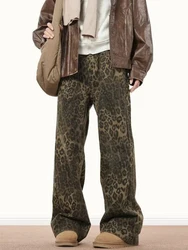 Y2k Animal Leopard Print Baggy Jeans Men Streetwear Vintage Wide Leg Flared Denim Pants Hip Hop Techwear Straight Long Trousers