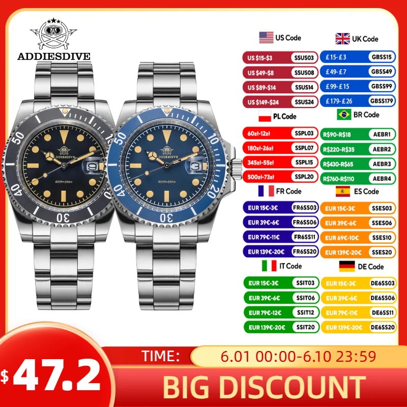 ADDIESDIVE Watch For Men New Quartz Wristwatch Green Ceramic Bezel Diving 200m Luminous 41mm Automatic Date Diver Men\'s Watch