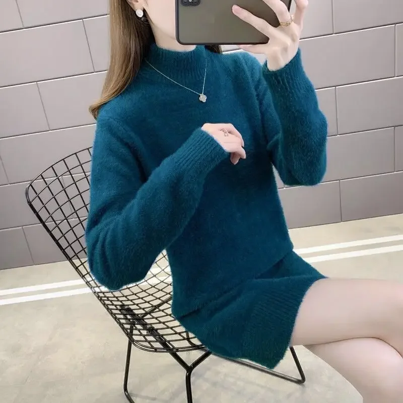 Średniej długości sweter z kaszmiru z norek damski wąski sweter z dzianiny jesienno-zimowa jednokolorowa półgolf z długim rękawem topy damskie