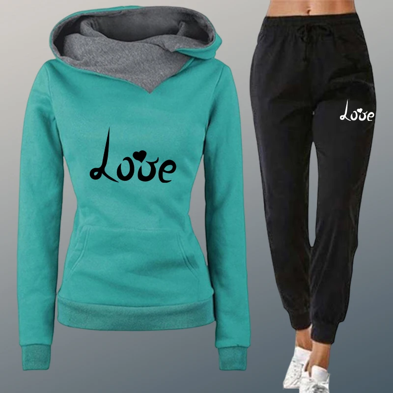 

2025 New Trendy Womens Hoodie + Pants 2pcs Set Love Print Tracksuit Fall Winter Female Daily Casual Sporty Fashion Jogging Suit