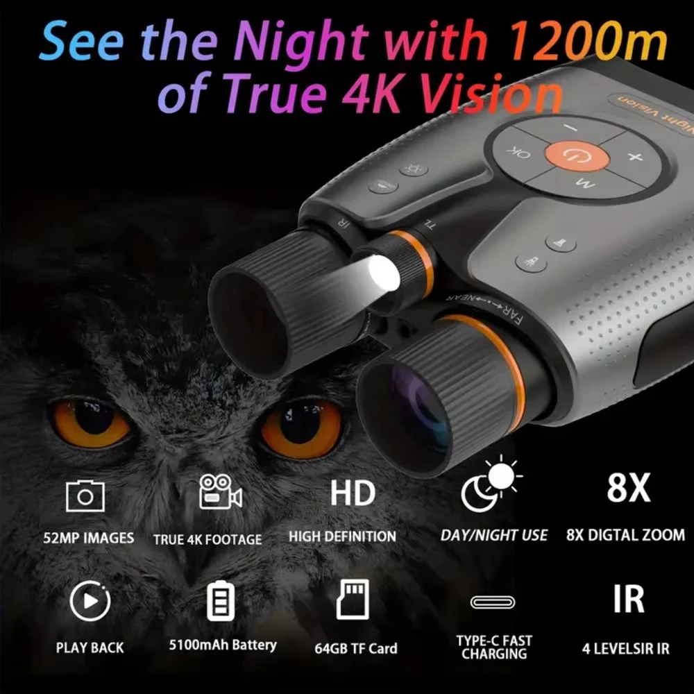4K Ultra Night Vision Binoculars Telescope 1200m Long Range 8X 3940ft Range Full Color Photo Video with App Control 64G for Hunting Security