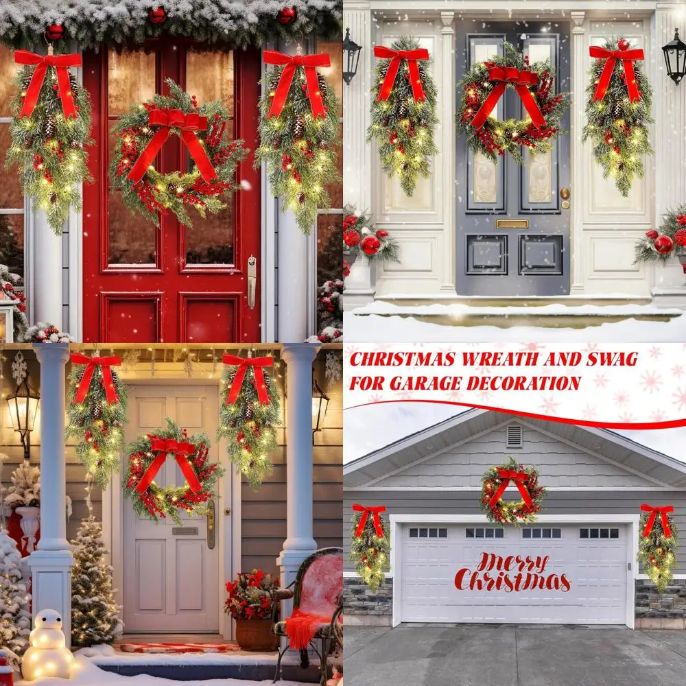 

Набор предварительно освещенных рождественских венков с 24 искусственными каплями, гирляндой из кедровой сосны и бантами для праздничного декора