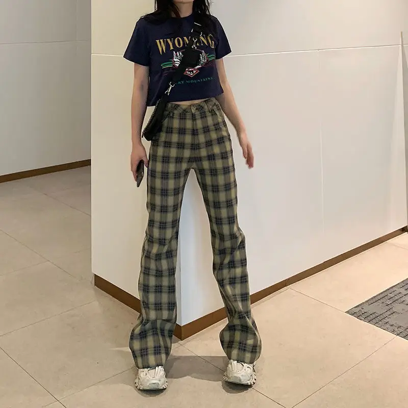 Pantaloni da donna Streetwear pantaloni a gamba larga a vita alta Vintage pantaloni a zampa di Plaid dritti larghi sottili pantaloni Slim Fit coreani semplici