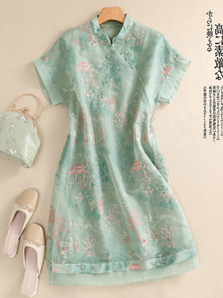

New Chinese Sle National Trend European Organza Embroidered Improved Large Size Women's Side Button Mid-Length Dr...