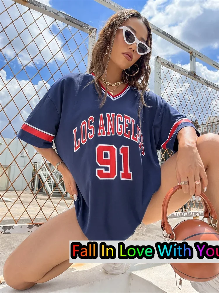 Los Angeles Number 91 TShirt For Men Women Summer Oversized V-neck Tee Harajuku Trend Short Sleeve Female Streetwear Tops Unisex