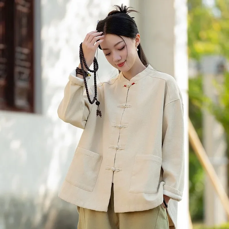 Solid Color Chinese Style Parkas Women Ramie Cotton Chinese Style Parkas 2025 Winter New Long Sleeve Plush Warm Coats