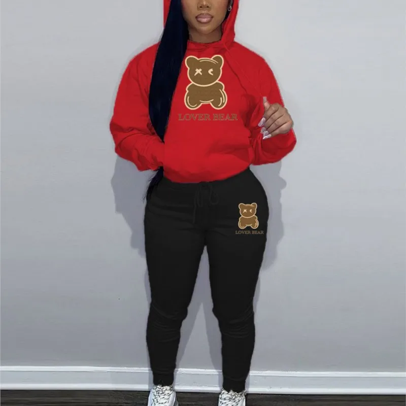 Street suits Lovely Bear Letter Print Kangaroo Pocket Tracksuit Set Long Sleeve Hoodie+Drawstring Trousers Women Two Pieces