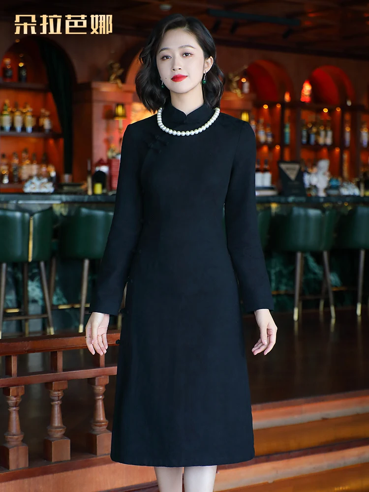 

Dorabana Ele Bla Full Open-Front Midi Dr Retro Sle Daily Wear Cotton Viscose Blend Long Sve Color