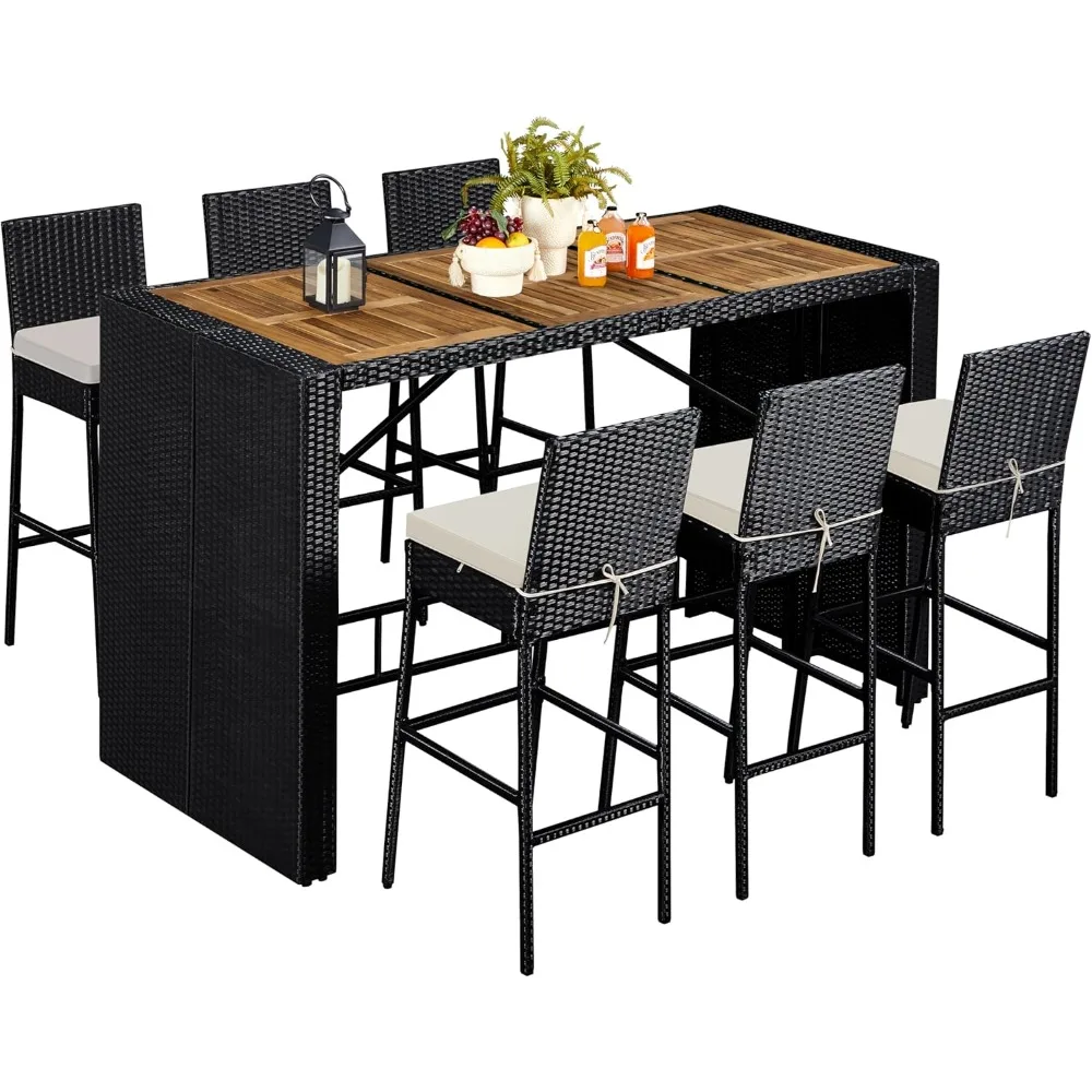 

7 Piece Patio Dining Set Outdoor Acacia Wood Bar Table and Chairs with Removable Cushions,Wicker Furniture Set for Deck,Backyard