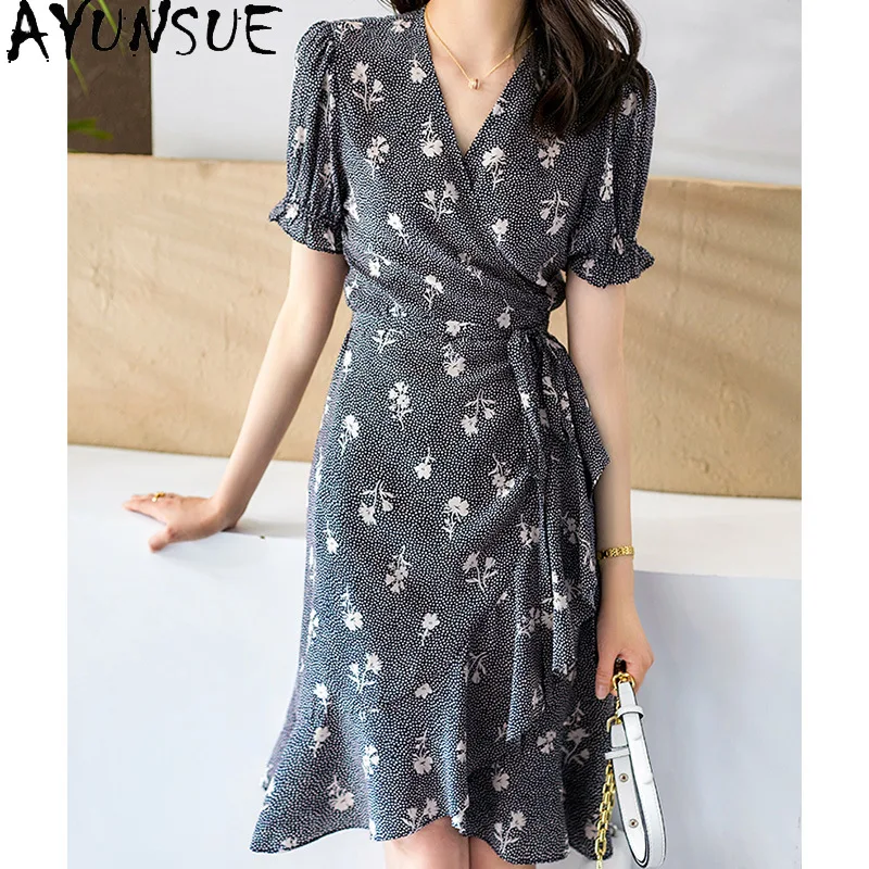 

AYUNSUE 100% Mulberry Silk Dresses for Women Lace-up Fishtail Dress Woman Stylish V-neck Summer Dresses Woman Clothes Платье