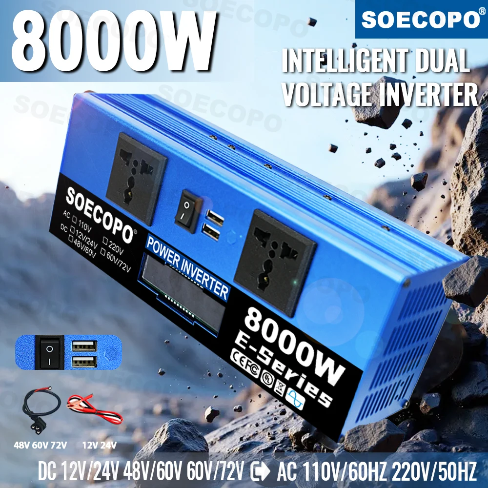 

SOECOPO 8000W Dual - Voltage Inverter DC 12V/24V DC 48V/60V DC 60V/72V→AC 110V/220V, 2 Sockets, LCD, CE/FCC – Ideal for Camping