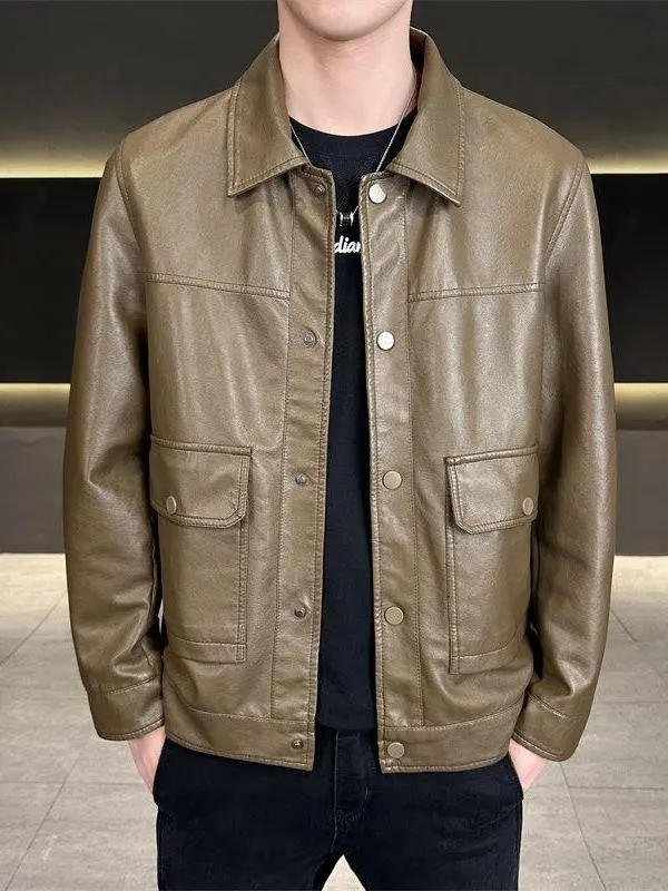 

Мужская кожаная куртка-косуха: модная, с воротником, длинными рукавами, приталенная, осенняя, повседневная, двусторонняя, недорогая