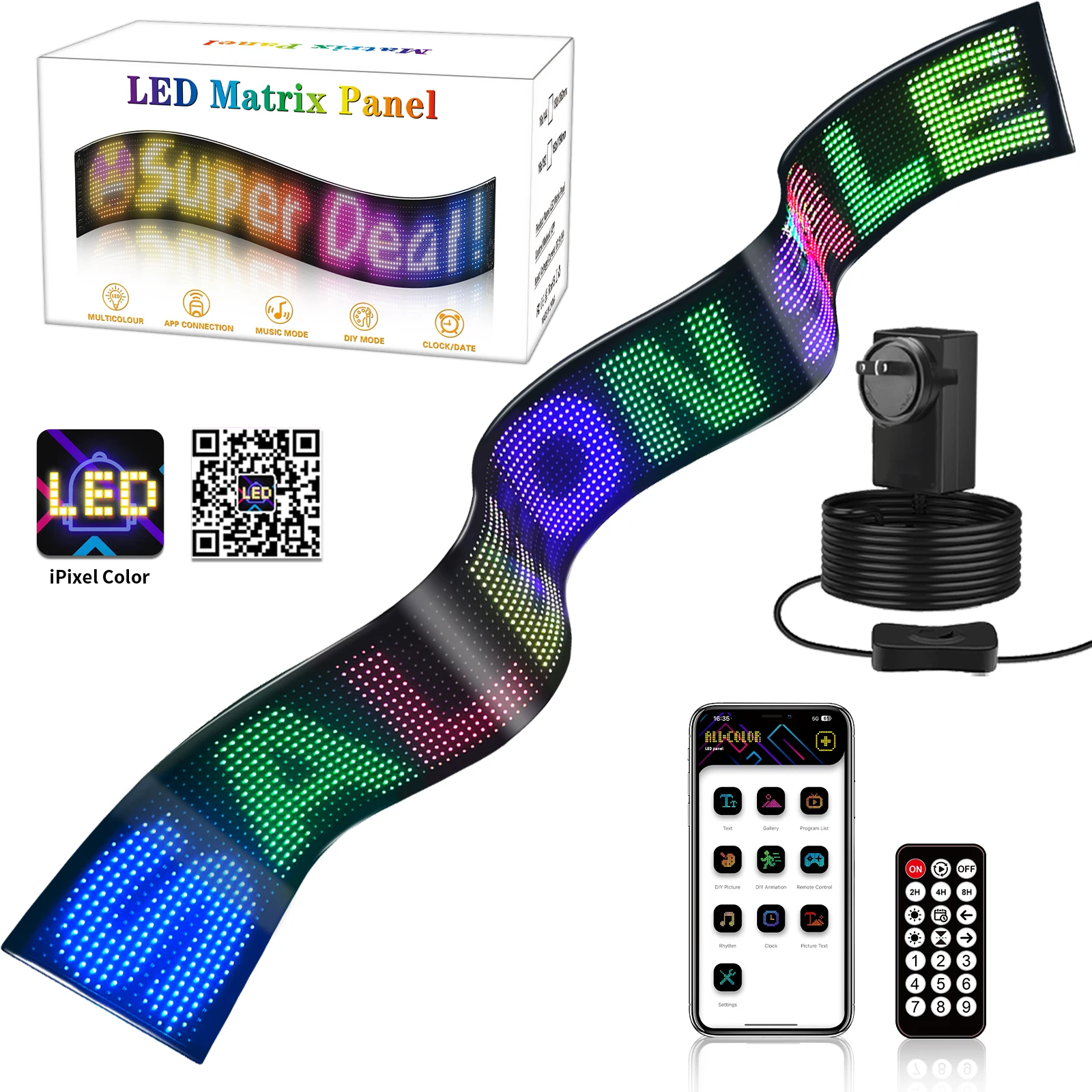 WELLLUX 16x192 IP65 Waterproof Sunlight Readable Flexible LED APP BT Car Display For Windshield/Home Fit Versa/Tucson/Golf W/USB
