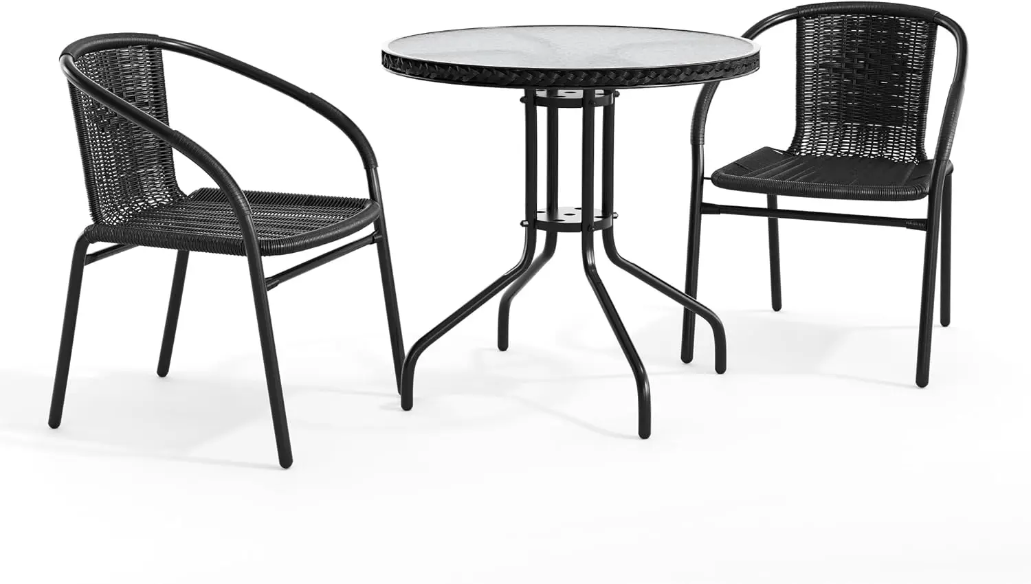 Lila 28'' Round Glass Metal Table with Black Rattan Edging and 2 Black Rattan Stack Chairs