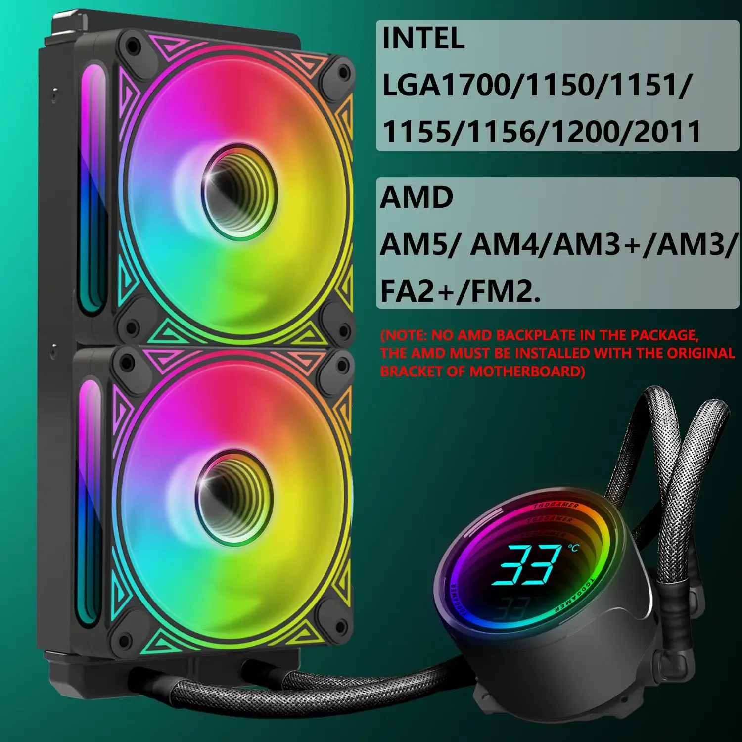 240mm Black ARGB Liquid CPU Water Cooler with 240mm ARGB PWM Fans, Intelligent Temperature Display