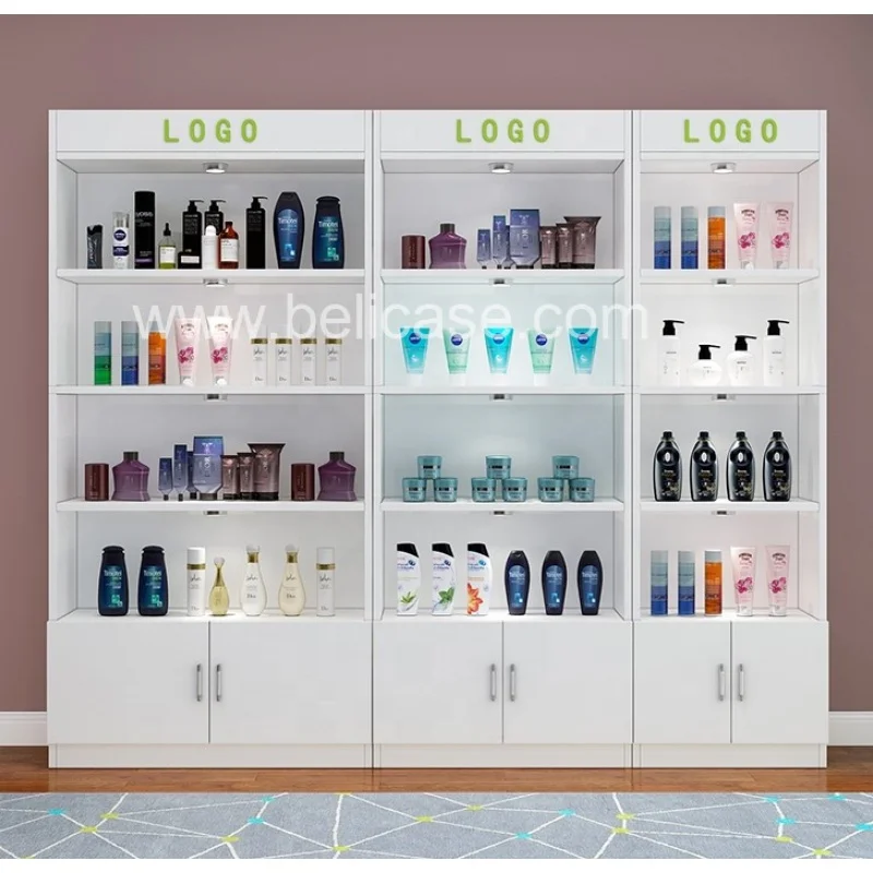 Madeira Pele Cuidados Produtos Display Racks, Stand acrílico, Moderno Design Cosméticos Showcase, Personalizado