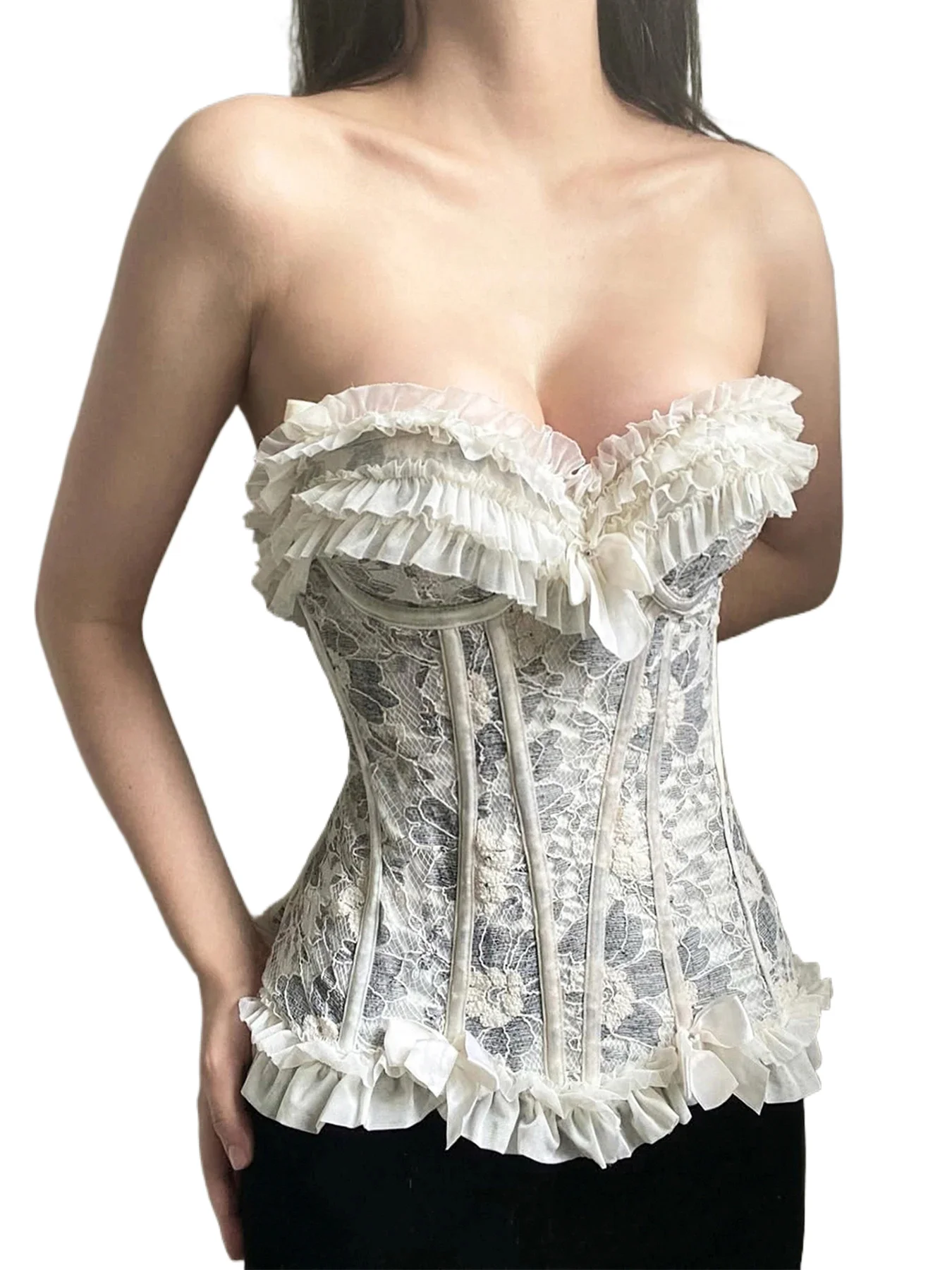 

Women's Retro Lace Sweet Spicy Corset Tube Top French Solid Color Slant Collar Sleeveless Vest Stage Catwalk Performance Costume