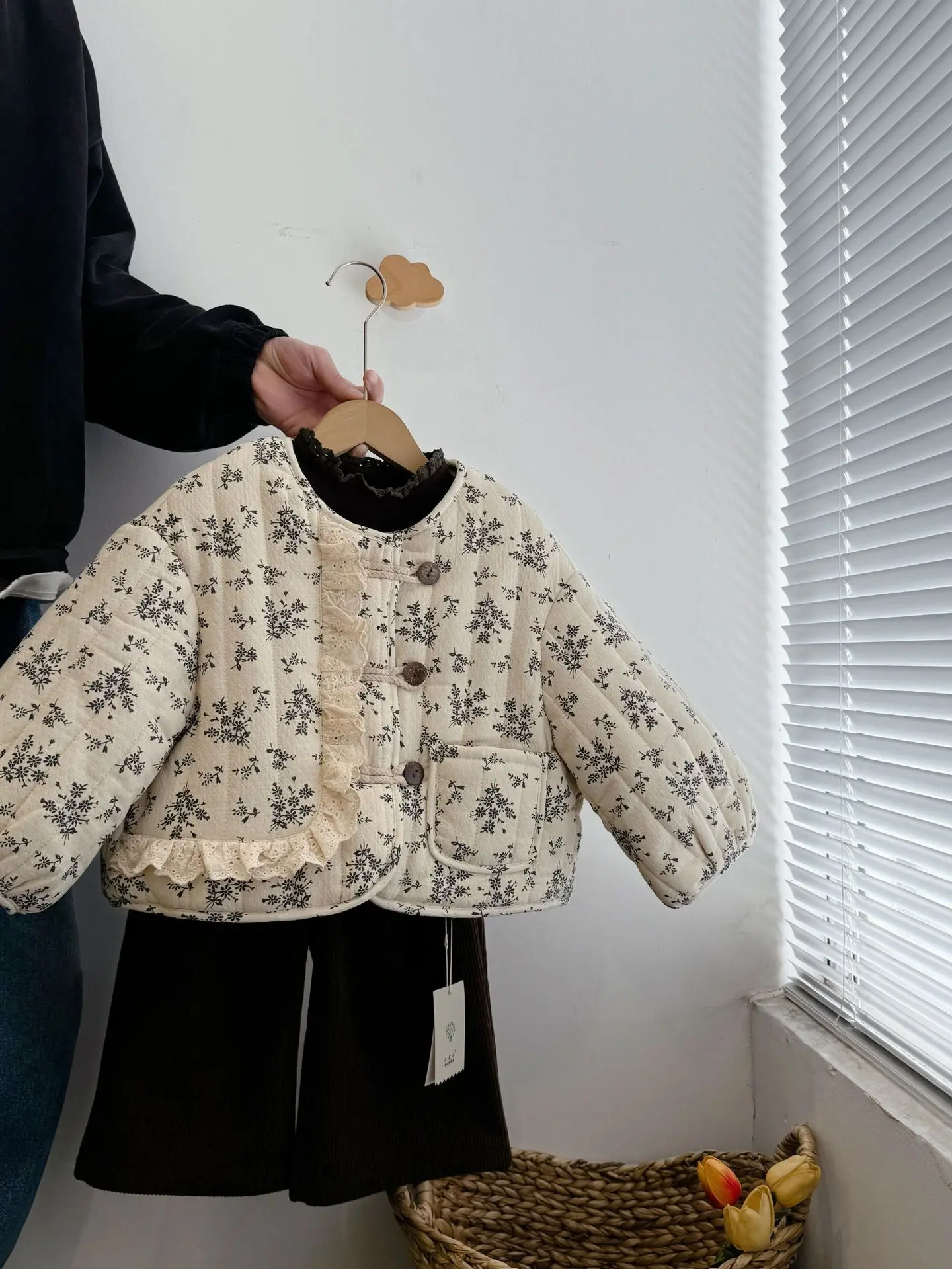 2025 Winter Girls Floral Cotton Suit Fashionable Versatile Thickened Velvet Cotton Clothes Baby Girl Winter