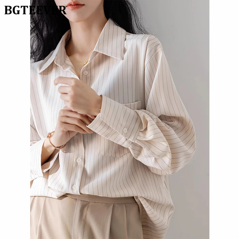 Bgteever casual turn-down colarinho senhoras camisas listradas primavera verão moda solta único breasted bolso blusas femininas topos