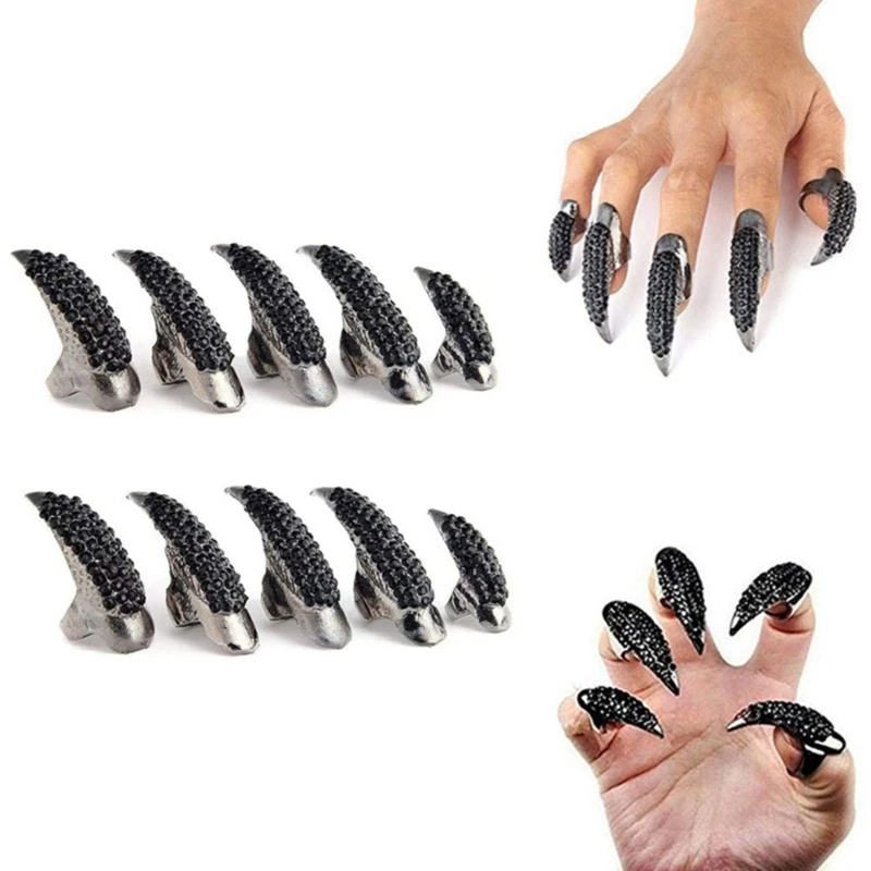 10 Pcs Eagle Claw Nail Art Rings Decorative Nail Ring Inlaid  Finger Claw Ring Punk Fingertip Jewelry