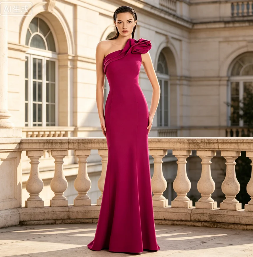 

Customized One Shoulder Mermaid Mother of Bride Dress Oversized 3D Floral Shoulder Decor Slim Crepe Long Train Formal Gala Dress