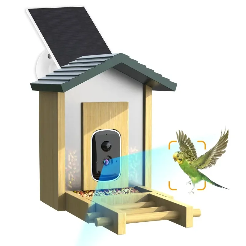 4K AI Bird Feeder Camera Waterproof Solid Pattern Outdoor Bamboo Bird Feeder Smart Solar Energy Powered Wood Automatic
