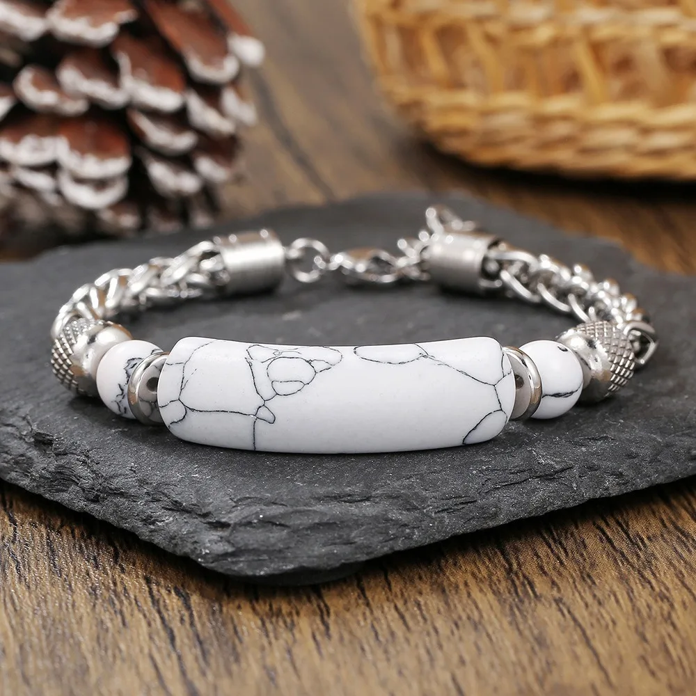 5Pcs Men's Stainless Steel Bridge Natural Stone Bracelet Black Agate Turquoise Beaded Bracelet Hand String Men's Style