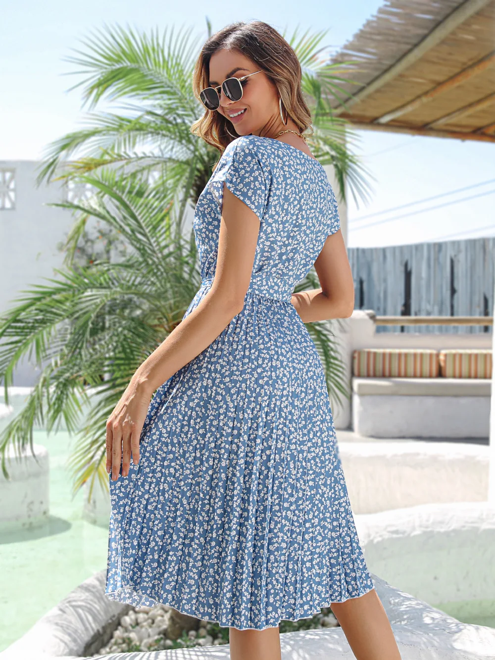 Msfilia Summer Floral Pleated A Line Long Dress Women Short Sleeve High Waist Spring Round Neck Chic Dress with Belt