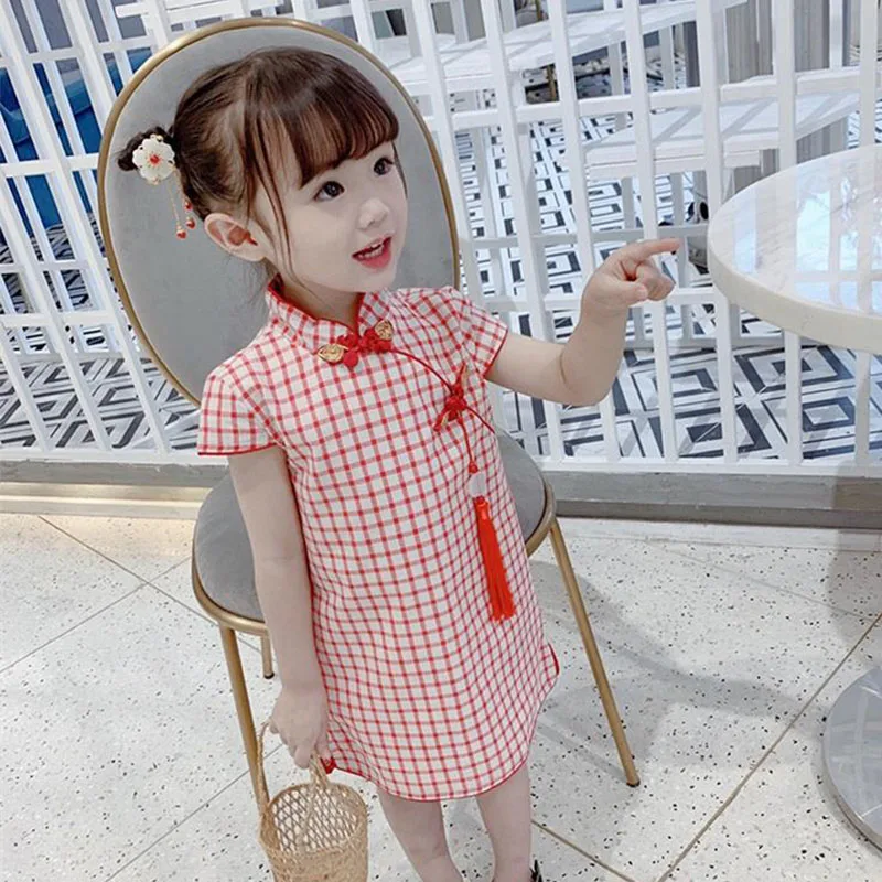 2024 Summer New Primary And Secondary Girls Chinese Style Style Retro Gingham Cheongsam Dress Son Send Hanging Ornaments