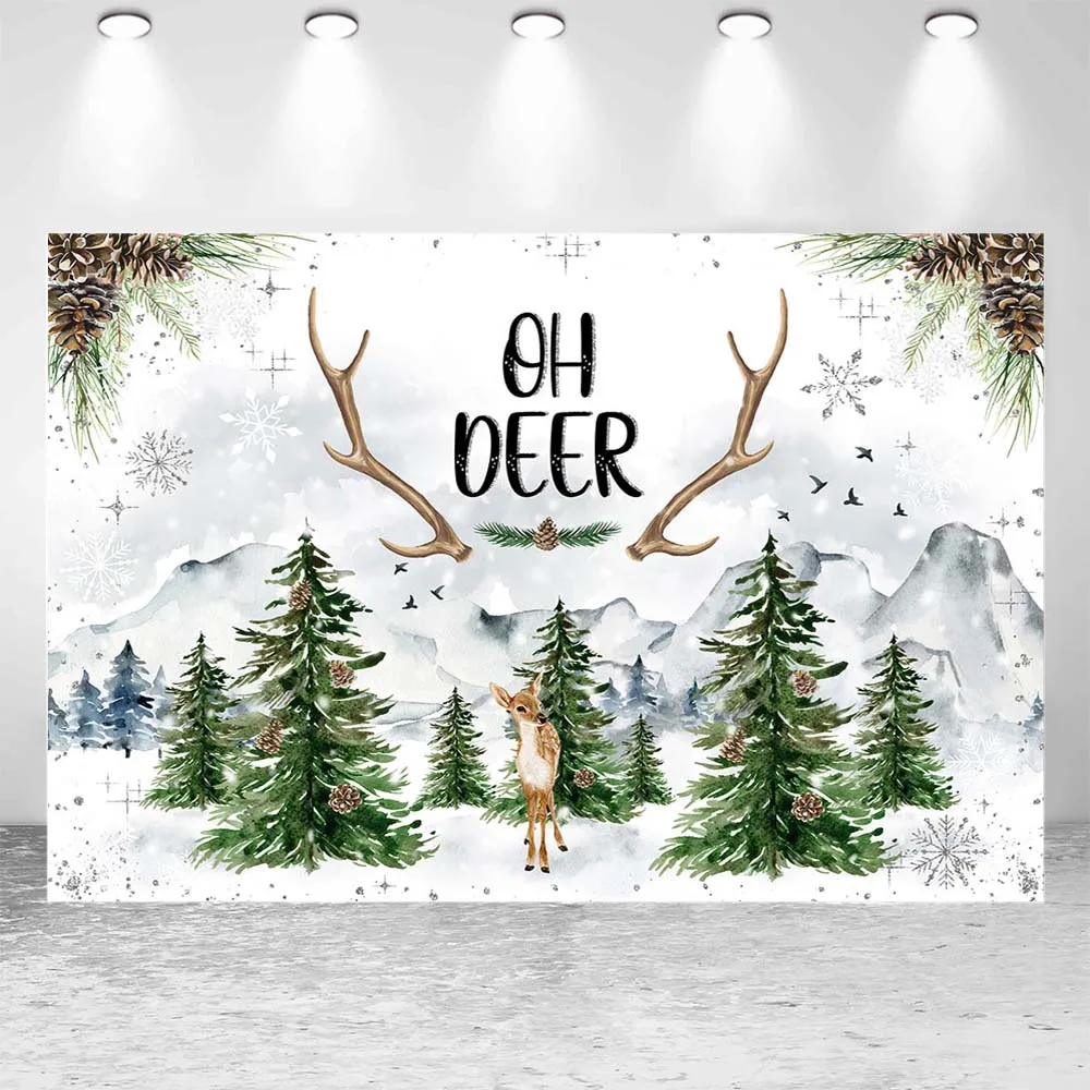 Mocsicka Oh Deer Baby Shower Backdrop Winter Snow Pine Forest Boy Girl Welcome Party Decor Newborn Photography Background Banner