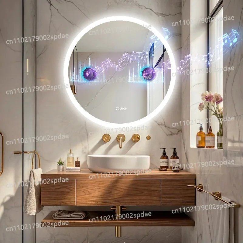 32 Inch Round Wall Mount Bathroom Vanity Mirror Dimmable 3 Color Ambient Lighting Anti Fog Mirror with Bluetooth Speaker