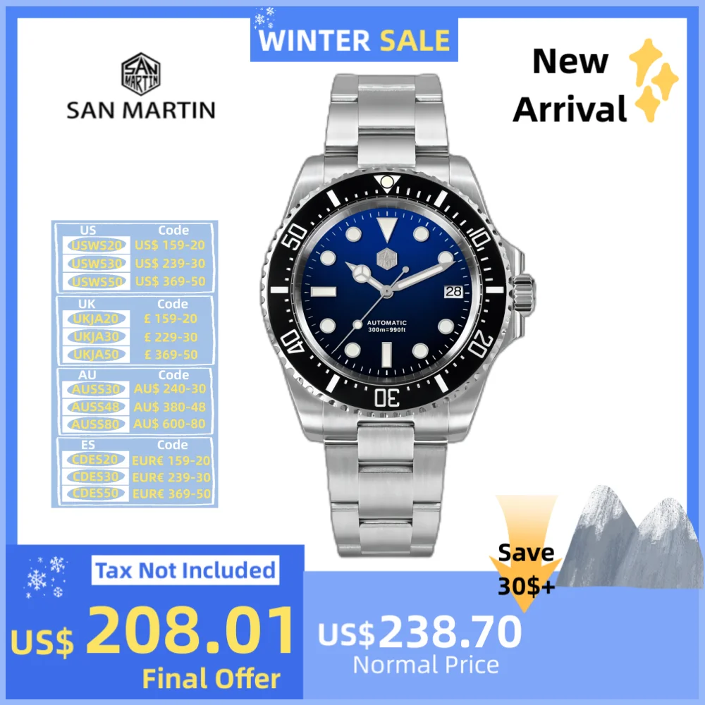 San Martin 40mm 3H NH35 Date Men Diver Watch Mechanical 300M Waterproof Wristwatches BGW-X1 Super Lume Reloj Hombre SN0111GA-3