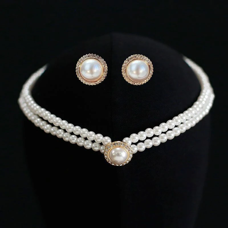 3pcs Fashion Double Layer Pearl Pendant Necklace Earrings Jewelry Set Ladies Banquet Wedding Jewelry Accessories Gift