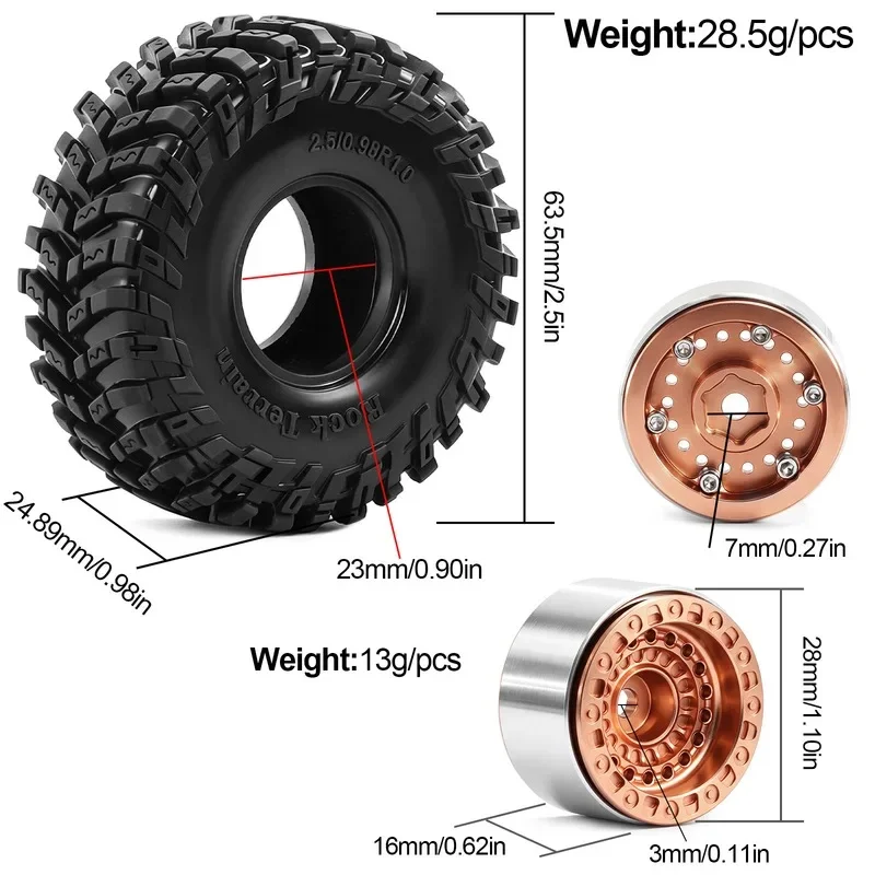 1.0 inch Metal Beadlock Wheels Rims Tires Set for 1/24 1/18 Axial SCX24 AX24 FCX24 Traxxas TRX4M RC Crawler Upgrade Parts