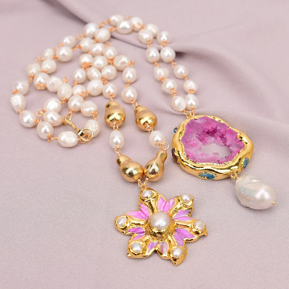 G-G 2 Rows Cultured White Keshi Pearl Brushed Beads Necklace Rose Quartz Shell Flower White Baroque Pearl Pendant