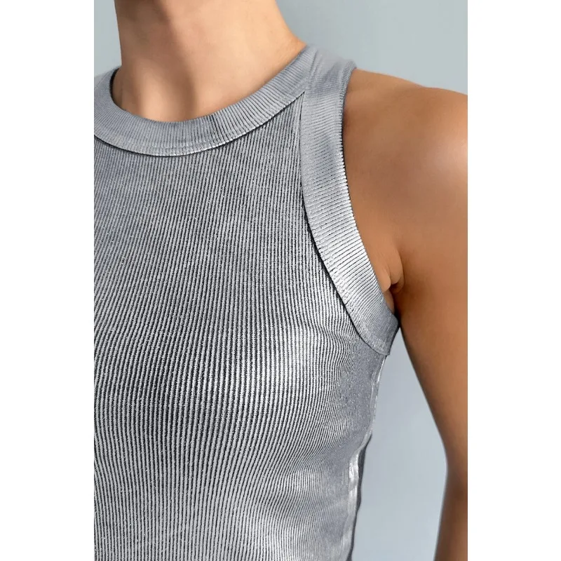 2024 Spring Women's Fashion Slim Silver Pullover Knitted Tank Top Temperament Commuting Female Elegant Sleeveless T-shirt