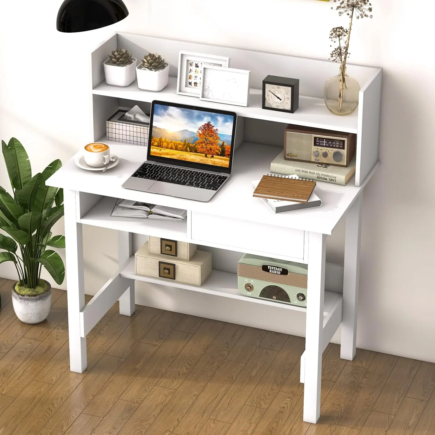 Modern White Home Office Writing Study Desk with Storage Bookshelf & Drawer Work & Study Desk Organize Supplies