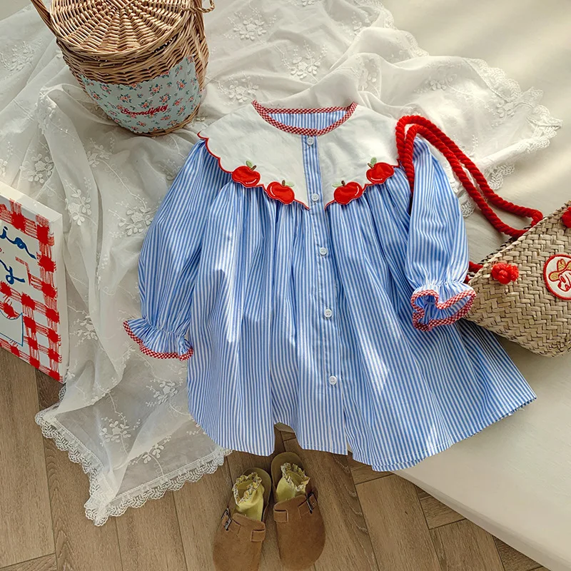 Robe chemise à manches longues pour filles, avec broderie de pommes, Design rayé, vêtements élégants pour enfants, printemps-automne
