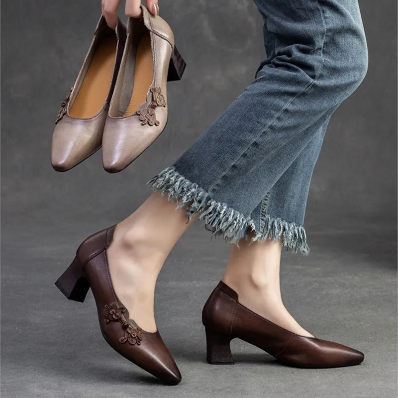 GKTINOO 2024 Vintage Women Pumps Comfortable Genuine Leather High Heel Shoes Women Round Toe Casual Thick Heel Mother Shoes