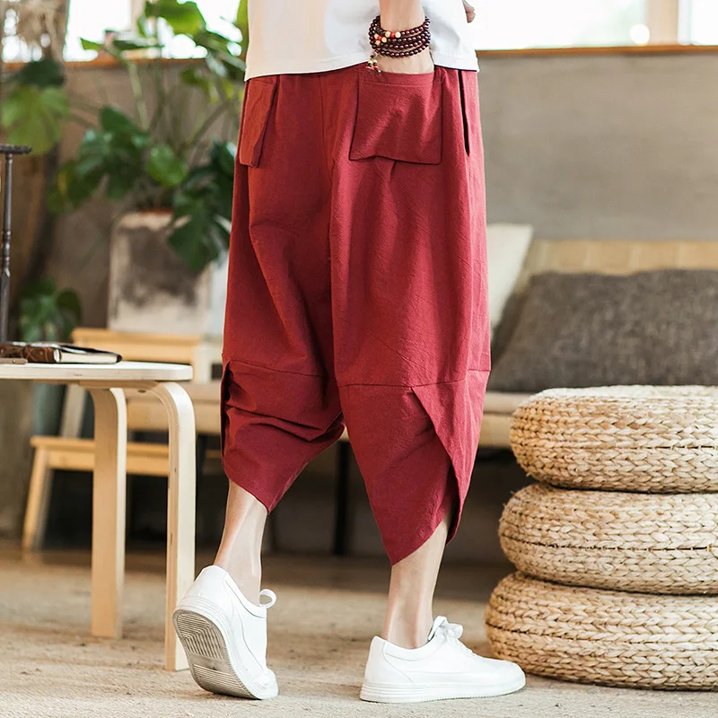 Summer New Chinese Wind Cotton And Linen Wide-leg Beach Pants Cropped Pants Bloomers Fashion Linen Embroidered Men's Pants view 4