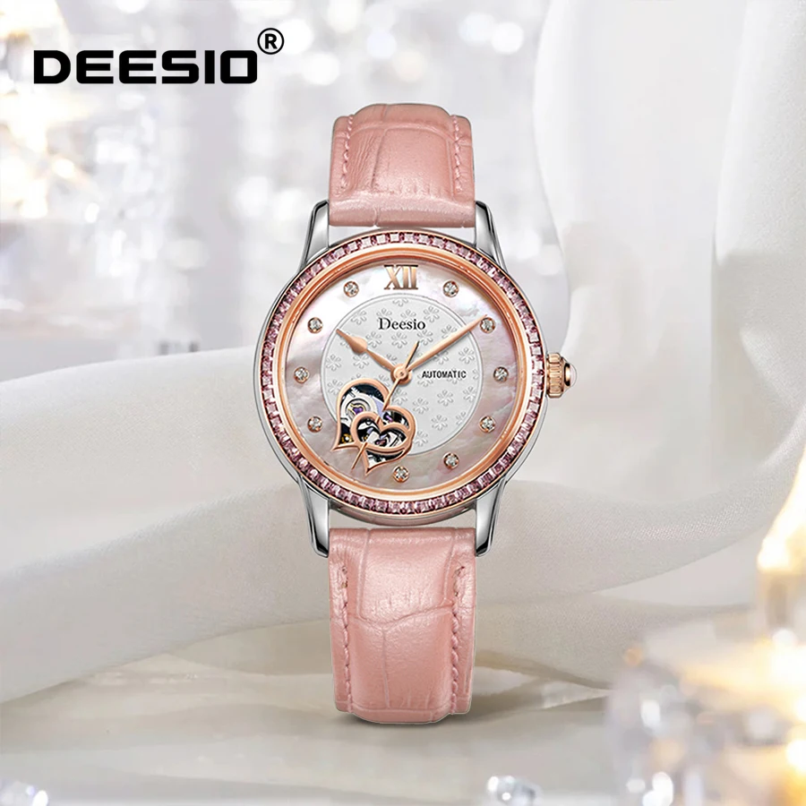 

Женские автоматические механические часы Deesio, циферблат в форме сердца, водонепроницаемые из нержавеющей стали, элегантные роскошные часы для платья, подарок